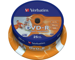 DVD-R Verbatim 4.7GB 16× Wide Photo PRINTABLE 25 pack spindle