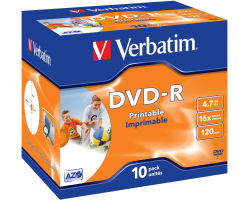 DVD-R Verbatim 4.7GB 16× Wide Inkjet PRINTABLE (ID Brand) 10 pack JC