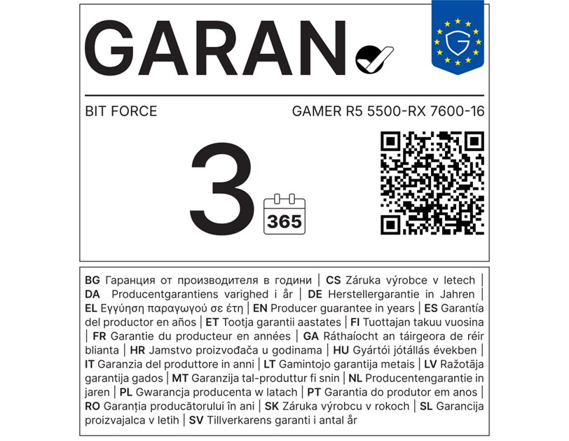 BIT FORCE računalo GAMER PC Ryzen 5 5500, 16GB DDR4, 1TB SSD, RX 7600 8GB, Win 11 Pro