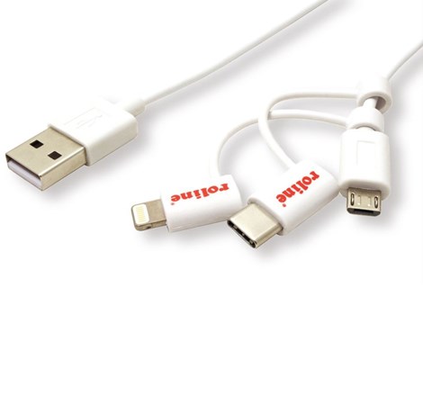 Roline USB2.0 kabel za punjenje i prijenos podataka, 8pin + MicroB + Type-C, 1.0m, bijeli