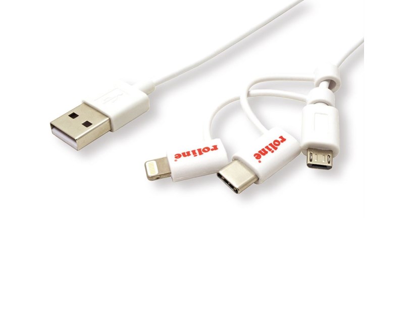 Roline USB2.0 kabel za punjenje i prijenos podataka, 8pin + MicroB + Type-C, 1.0m, bijeli