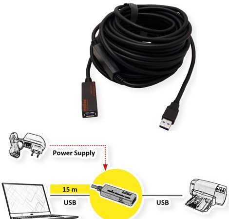 Roline USB3.2 Gen1 aktivni produžni kabel sa ponavljačem, 15m, crni