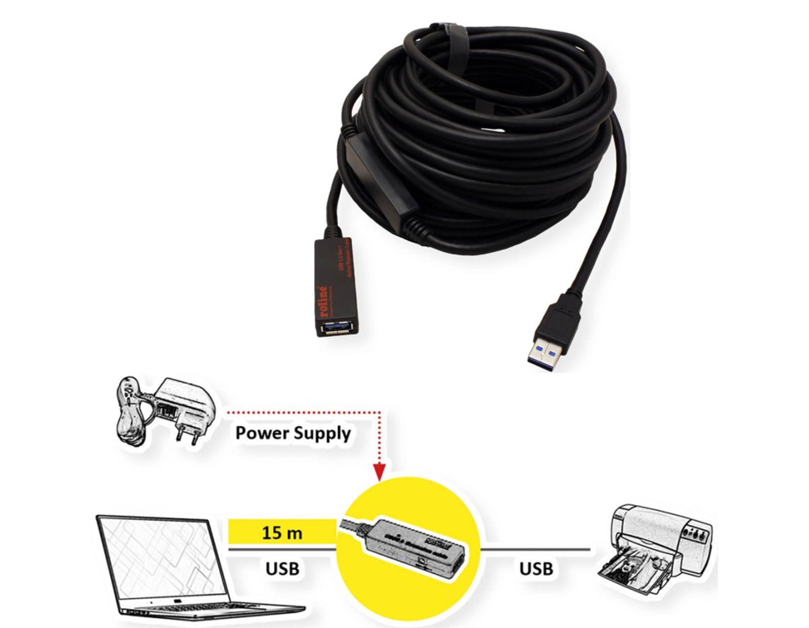Roline USB3.2 Gen1 aktivni produžni kabel sa ponavljačem, 15m, crni