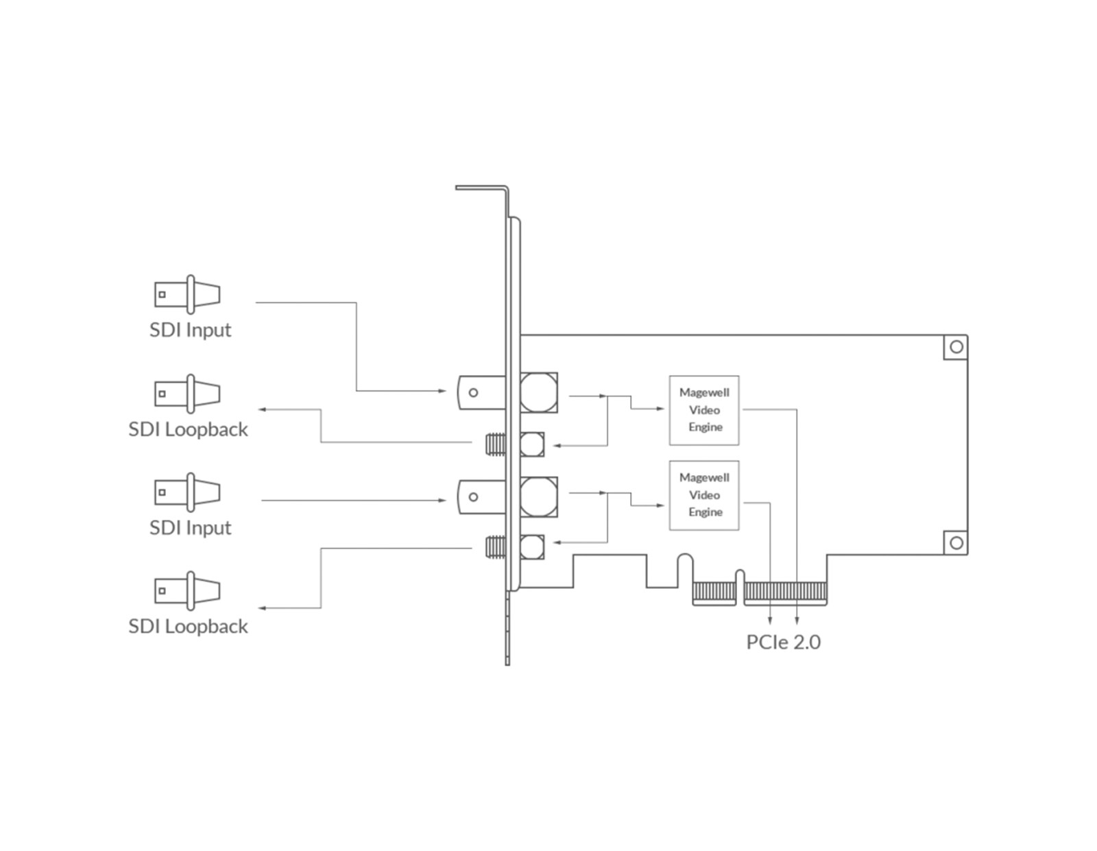 Magewell Pro capture dual SDI, LP PCIe x4, 2-channel SD/HD/3G/2K SDI, two channels bypass loop, Windows/Linux/Mac (11060)