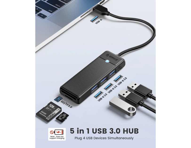 Orico 5-portni Hub, 3×USB-A 3.0, 1×SD, 1×TF, crni (ORICO-PAPW3AT-U3-015-BK-BP)