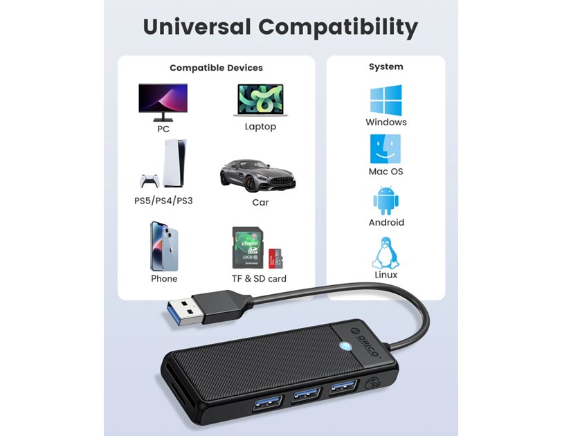 Orico 5-portni Hub, 3×USB-A 3.0, 1×SD, 1×TF, crni (ORICO-PAPW3AT-U3-015-BK-BP)