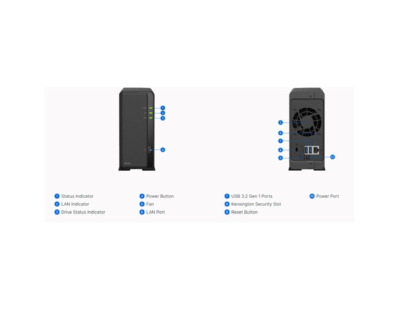 Synology DS124 DiskStation 1-bay NAS server, 2.5"/3.5" HDD/SSD podrška, Wake on LAN/WAN, 1GB DDR4, 1×1GbE, 2×USB3.2 Gen1