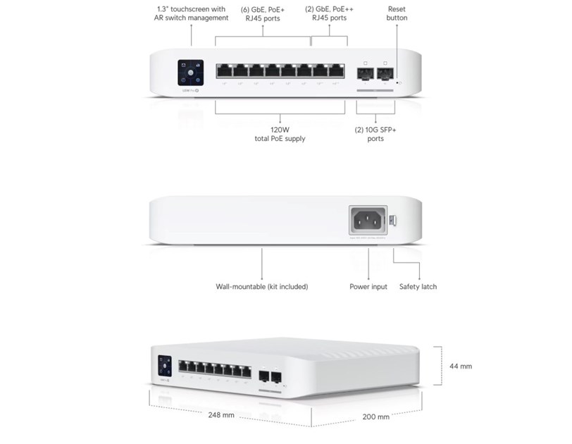 Ubiquiti UniFi Managed 8-port Gigabit Switch, 6xGbE PoE+, 2xGbE PoE++, 2x10G SFP+, 120W (USW-Pro-8-PoE)