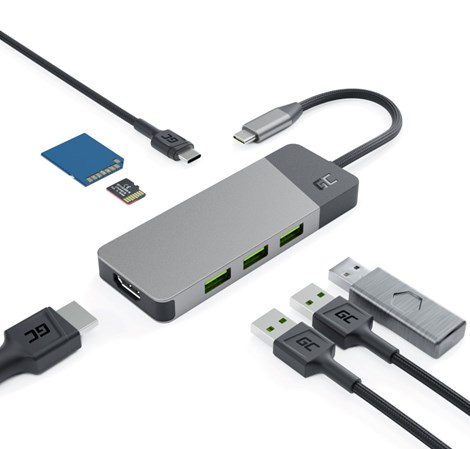 Green Cell HUB adapter 7in1 USB-C (3xUSB-A 3.1 HDMI 4K 60Hz USB-C PD 85W) - za Apple MacBook M1/M2, Lenovo X1, Asus ZenBook, Dell XPS