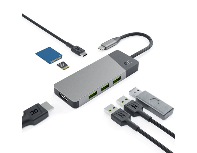 Green Cell HUB adapter 7in1 USB-C (3xUSB-A 3.1 HDMI 4K 60Hz USB-C PD 85W) - za Apple MacBook M1/M2, Lenovo X1, Asus ZenBook, Dell XPS