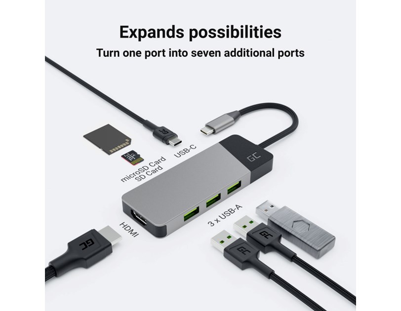 Green Cell HUB adapter 7in1 USB-C (3xUSB-A 3.1 HDMI 4K 60Hz USB-C PD 85W) - za Apple MacBook M1/M2, Lenovo X1, Asus ZenBook, Dell XPS