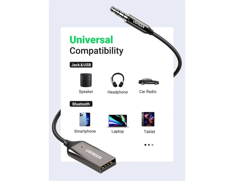 UGREEN Bluetooth 5.0 USB/Aux adapter, za auto, crni