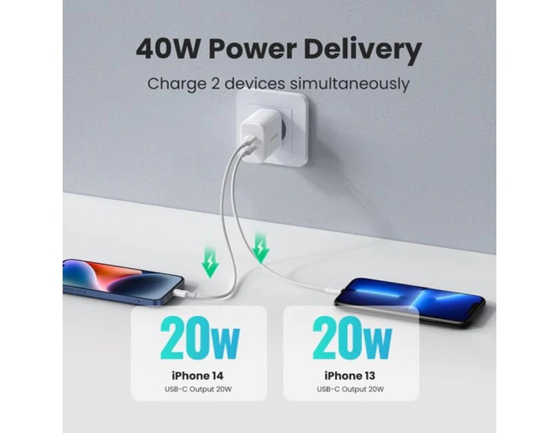 UGREEN zidni punjač 40W, 2×USB-C, PD3.0/QC4.0+, bijeli