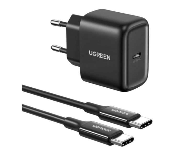 UGREEN zidni punjač 25W, USB-C, PD3.0/QC4.0, crni + USB-C/USB-C kabel 2.0m