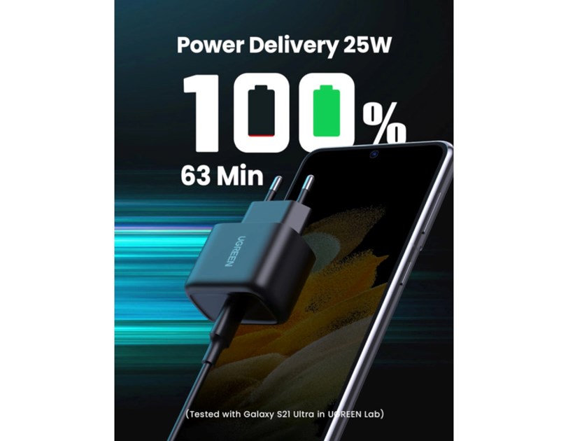UGREEN zidni punjač 25W, USB-C, PD3.0/QC4.0, crni + USB-C/USB-C kabel 2.0m