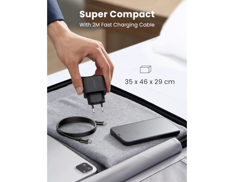 UGREEN zidni punjač 25W, USB-C, PD3.0/QC4.0, crni + USB-C/USB-C kabel 2.0m