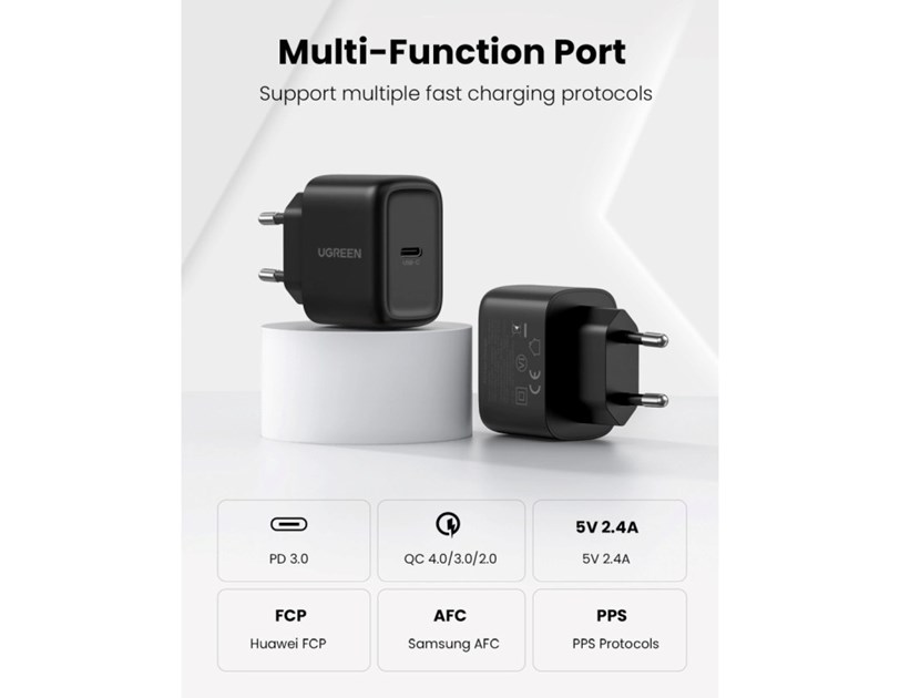 UGREEN zidni punjač 25W, USB-C, PD3.0/QC4.0, crni + USB-C/USB-C kabel 2.0m