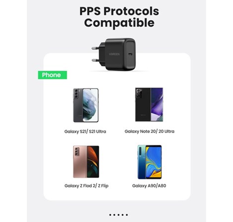 UGREEN zidni punjač 25W, USB-C, PD3.0/QC4.0, crni + USB-C/USB-C kabel 2.0m