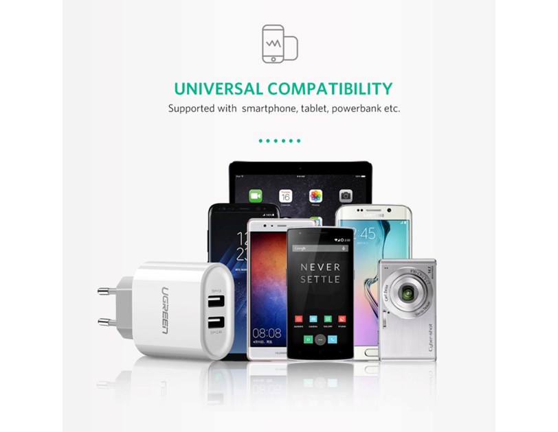 UGREEN zidni punjač 17W, 2×USB-A, bijeli