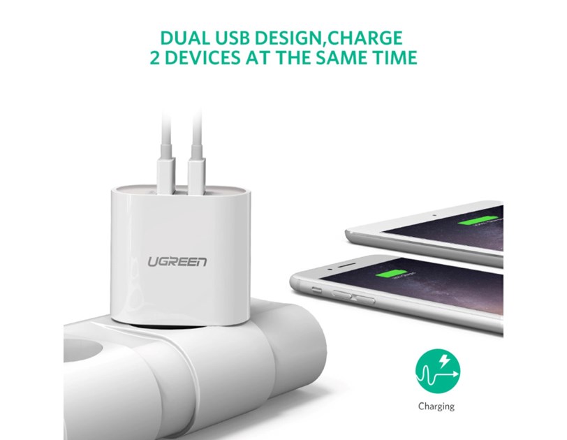 UGREEN zidni punjač 17W, 2×USB-A, bijeli