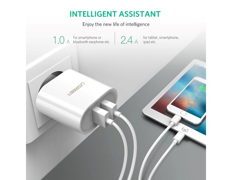 UGREEN zidni punjač 17W, 2×USB-A, bijeli