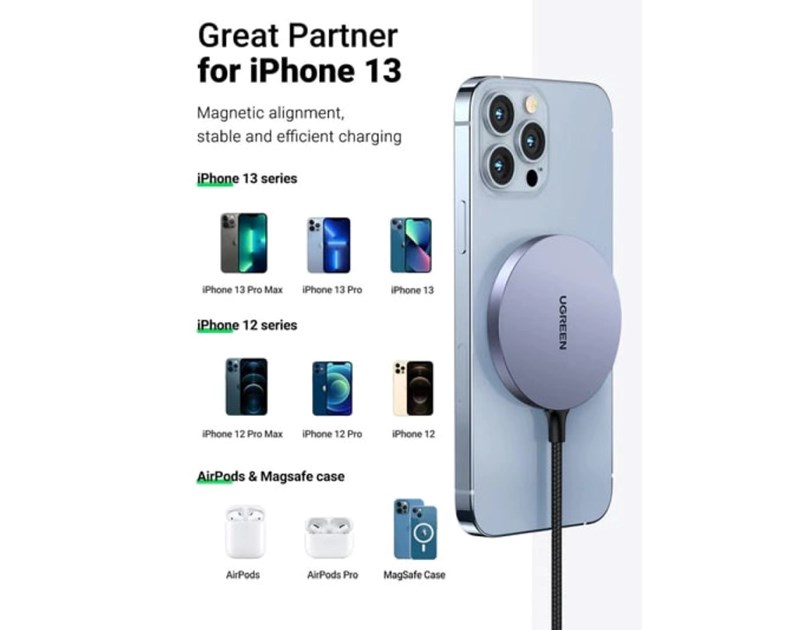 UGREEN bežični magnetski punjač, 15W, sivi