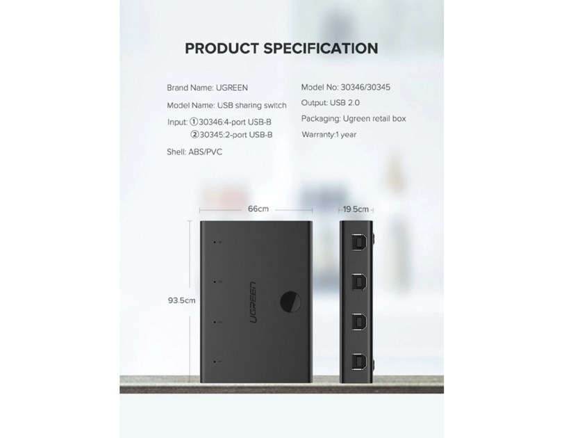UGREEN Data Switch USB 2.0, 4 ulaza/1 izlaz, crni