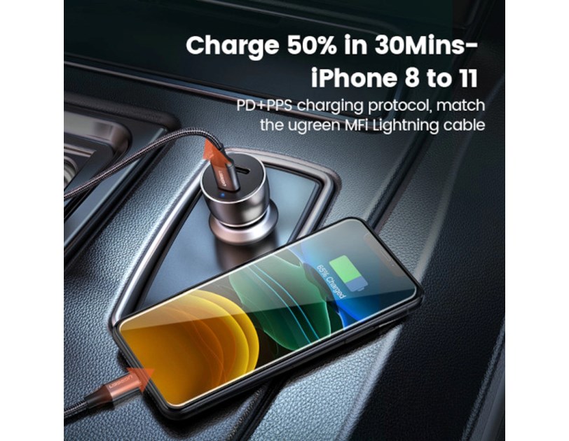 UGREEN auto punjač 52.5W, USB-C+USB-A, PD3.0/QC3.0, sivi