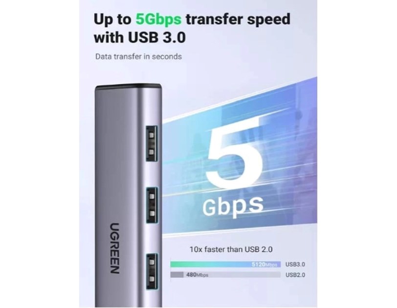 UGREEN 5-portni USB-A HUB 3xUSB-A 3.0,1×USB-C, 1×G-LAN, sivi