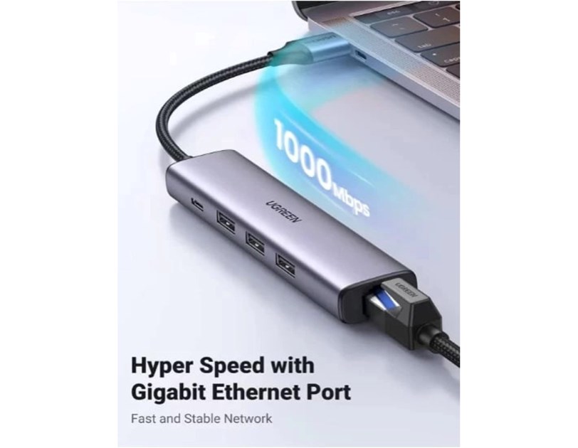 UGREEN 5-portni USB-A HUB 3xUSB-A 3.0,1×USB-C, 1×G-LAN, sivi