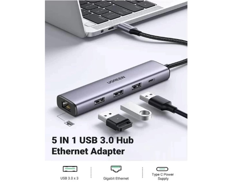 UGREEN 5-portni USB-A HUB 3xUSB-A 3.0,1×USB-C, 1×G-LAN, sivi