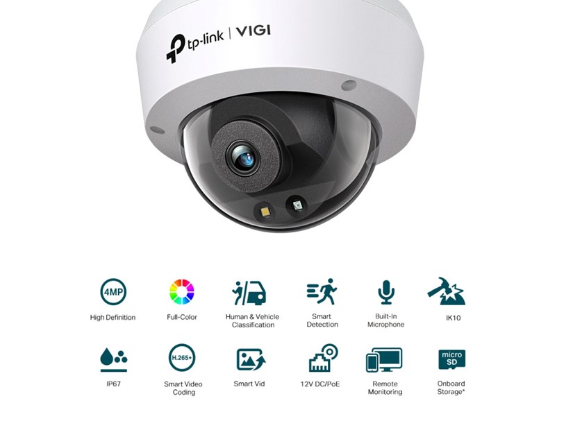 TP-Link vanjska IP Dome Full color HD kamera, H.265+ video, 4MP, 4mm leća, RJ45, PoE, microSD, Night Vision, detekcija pokreta, vodootporna IK10/IP67, VIGI app