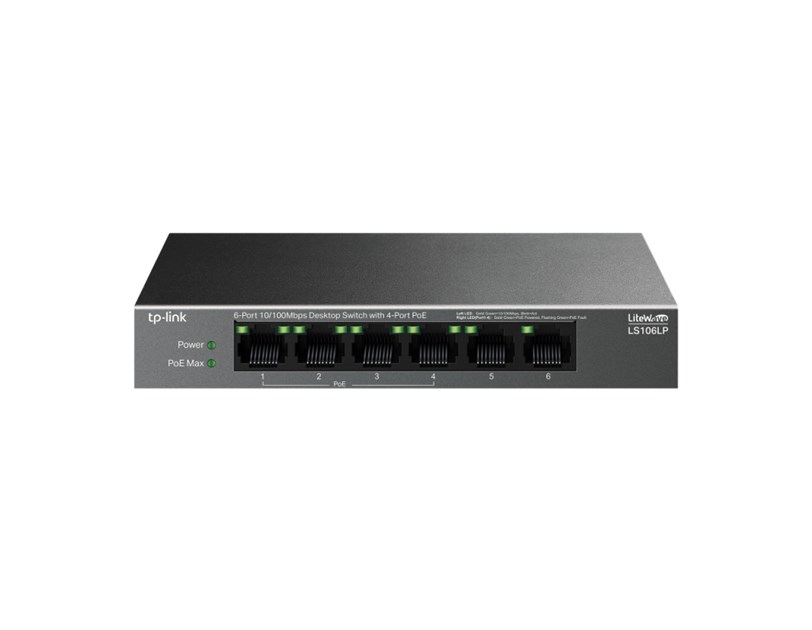 TP-Link 6-Port 10/100Mbps Desktop preklopnik (Switch), 6×10/100 Mbps RJ45 Ports (4×10/100 Mbps 802.3af PoE Ports) 802.3af, 41W PoE Power, metalno kučište
