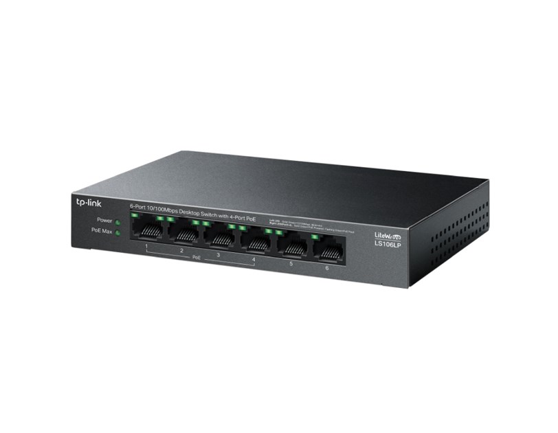 TP-Link 6-Port 10/100Mbps Desktop preklopnik (Switch), 6×10/100 Mbps RJ45 Ports (4×10/100 Mbps 802.3af PoE Ports) 802.3af, 41W PoE Power, metalno kučište