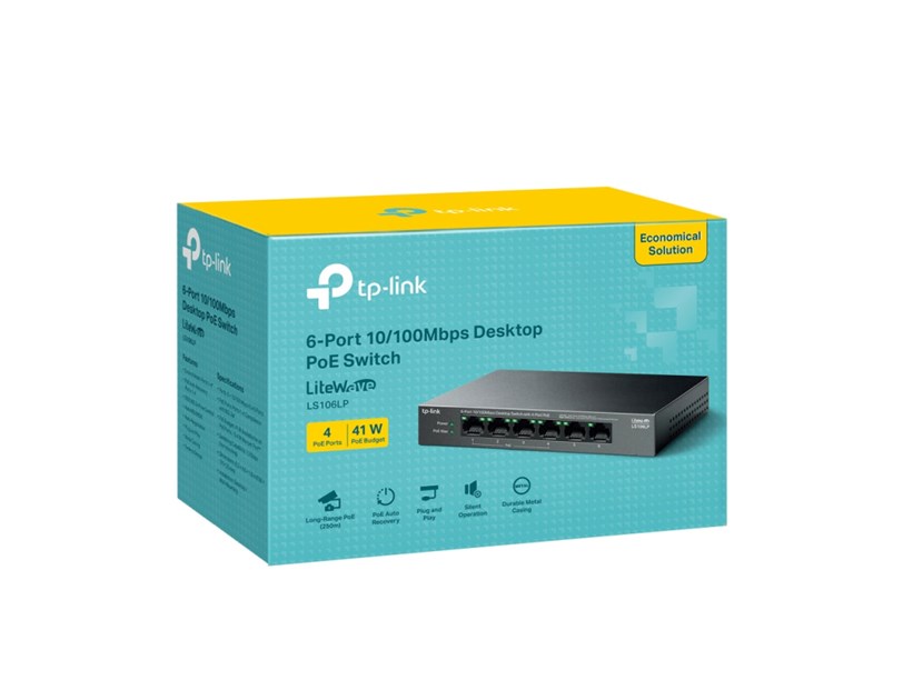 TP-Link 6-Port 10/100Mbps Desktop preklopnik (Switch), 6×10/100 Mbps RJ45 Ports (4×10/100 Mbps 802.3af PoE Ports) 802.3af, 41W PoE Power, metalno kučište