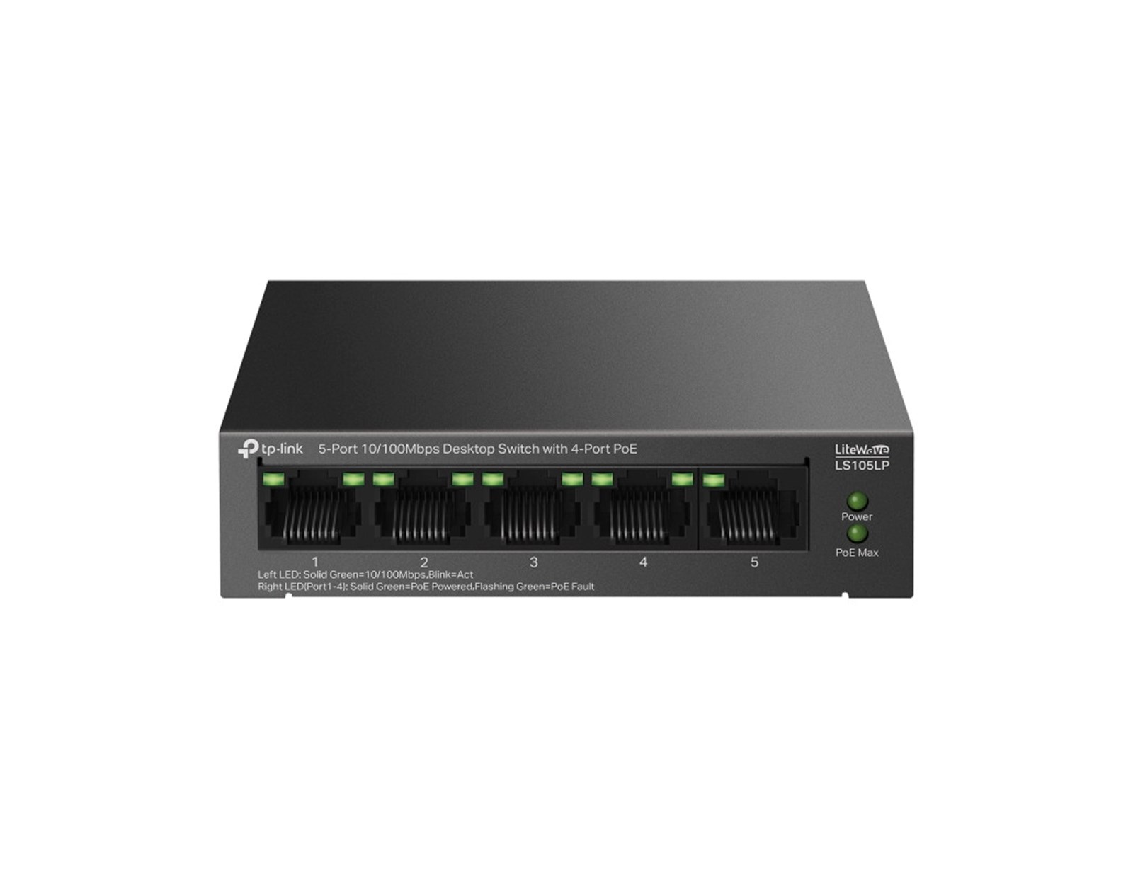 TP-Link 5-Port 10/100Mbps Desktop preklopnik (Switch), 5×10/100 Mbps RJ45 Ports (4×10/100 Mbps 802.3af PoE Ports) 802.3af, 41W PoE Power, metalno kučište