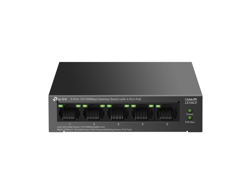 TP-Link 5-Port 10/100Mbps Desktop preklopnik (Switch), 5×10/100 Mbps RJ45 Ports (4×10/100 Mbps 802.3af PoE Ports) 802.3af, 41W PoE Power, metalno kučište