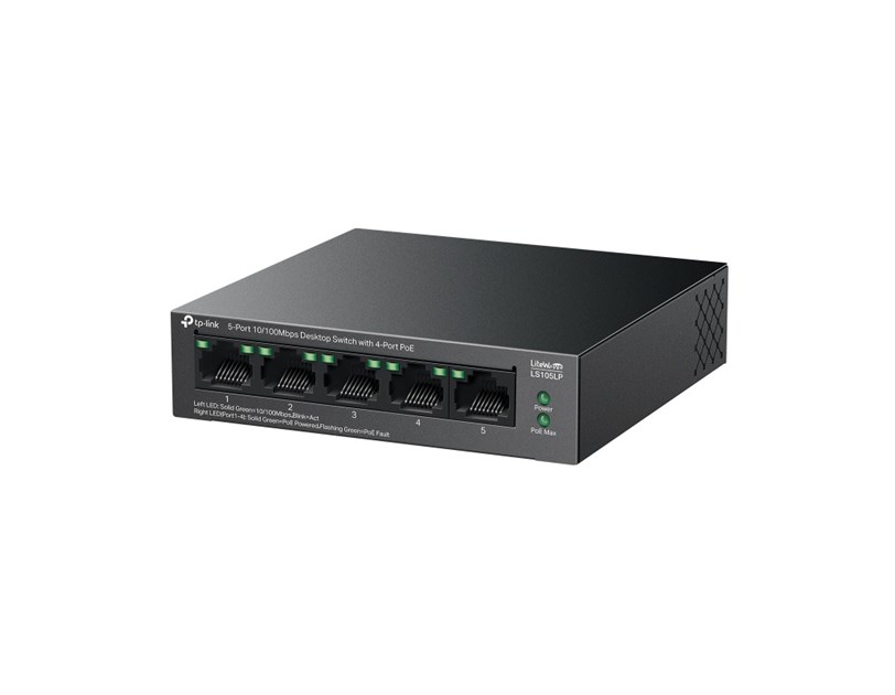 TP-Link 5-Port 10/100Mbps Desktop preklopnik (Switch), 5×10/100 Mbps RJ45 Ports (4×10/100 Mbps 802.3af PoE Ports) 802.3af, 41W PoE Power, metalno kučište