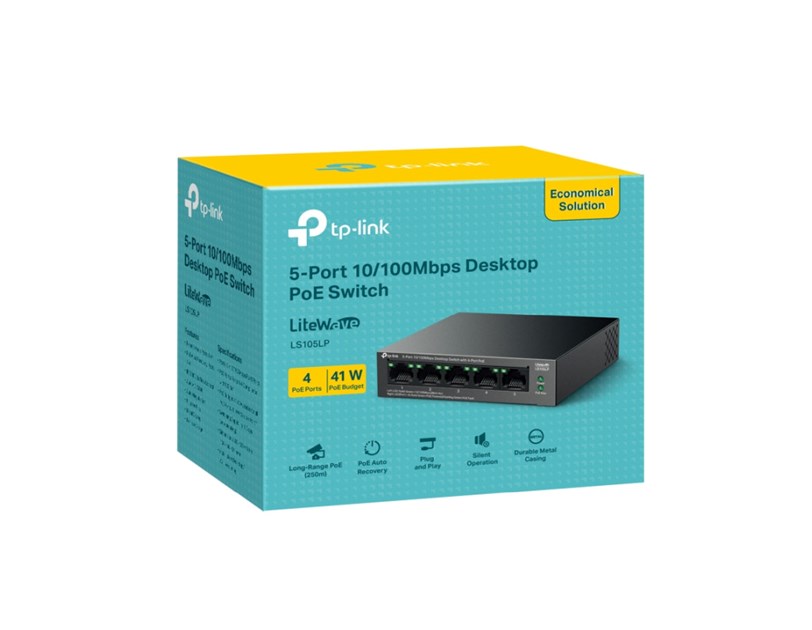 TP-Link 5-Port 10/100Mbps Desktop preklopnik (Switch), 5×10/100 Mbps RJ45 Ports (4×10/100 Mbps 802.3af PoE Ports) 802.3af, 41W PoE Power, metalno kučište