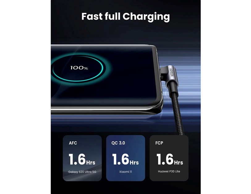 UGREEN USB-C (M) na USB-A (M), kutni 90°, 18W, 3A, pleteni kabel MFi, 1m