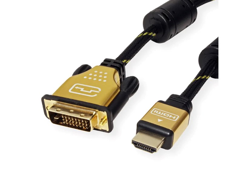 Roline GOLD DVI kabel, DVI-D (24+1) - HDMI Dual Link, M/M, UHD 4K, 2.0m, crno/zlatni