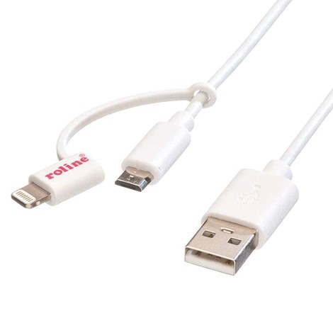 Roline USB2.0 kabel za punjenje i prijenos podataka TIP A(M) na Micro B(M) + Lightning(M),1.0m, bijeli