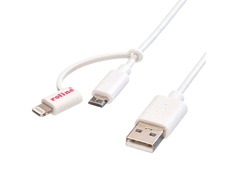 Roline USB2.0 kabel za punjenje i prijenos podataka TIP A(M) na Micro B(M) + Lightning(M),1.0m, bijeli