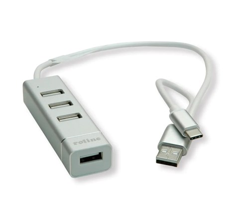 Roline Hub 4-porta USB2.0, USB Tip-A + USB-C kablovi, 0.3m