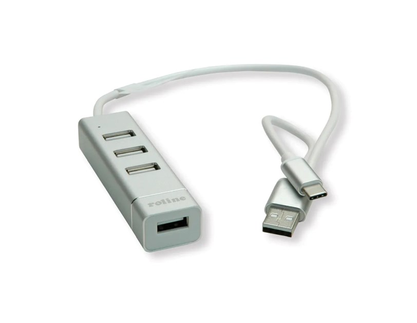Roline Hub 4-porta USB2.0, USB Tip-A + USB-C kablovi, 0.3m