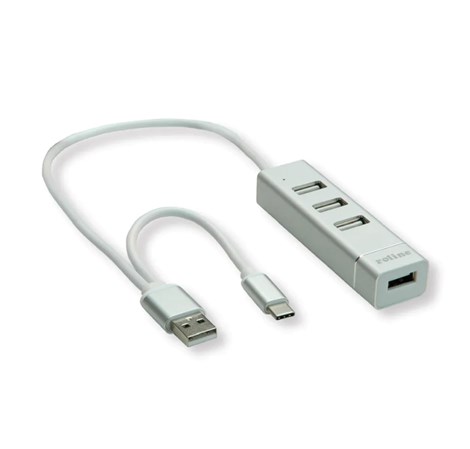Roline Hub 4-porta USB2.0, USB Tip-A + USB-C kablovi, 0.3m