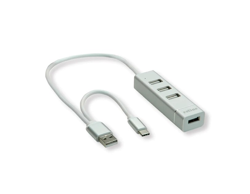 Roline Hub 4-porta USB2.0, USB Tip-A + USB-C kablovi, 0.3m