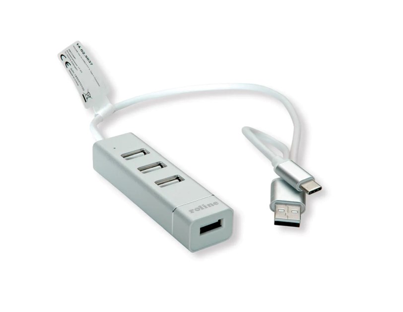 Roline Hub 4-porta USB2.0, USB Tip-A + USB-C kablovi, 0.3m