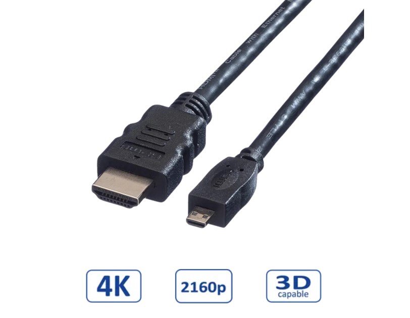 Roline VALUE HDMI High speed kabel sa mrežom, TIP A (M) - TIP D (M) (micro), 2.0m