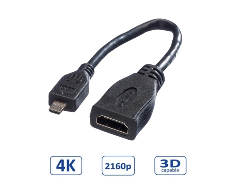 Roline VALUE HDMI High Speed kabel sa mrežom, TIP A (F) - TIP D (M), 0.15m